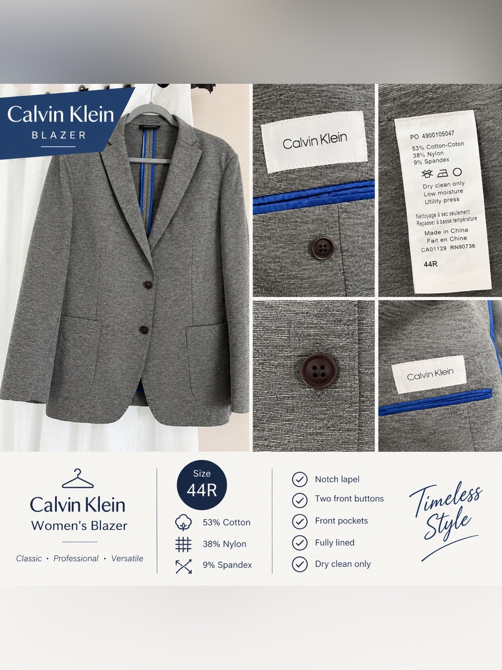 Calvin Klein Gray Women's Blazer with Blue Trim